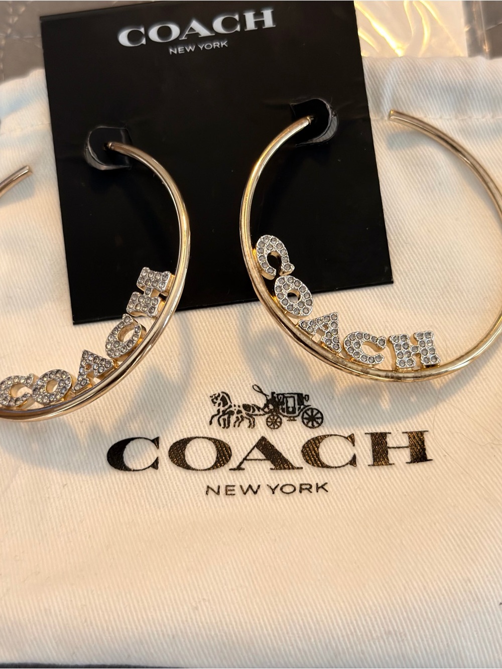 Coach Gold Hoop Earrings with Crystal Pave’ full “COACH” logo - Picture 3 of 3